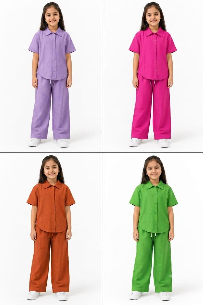 سوت بناتي أنيق قطعتين (قميص بأزرار + بنطال)
